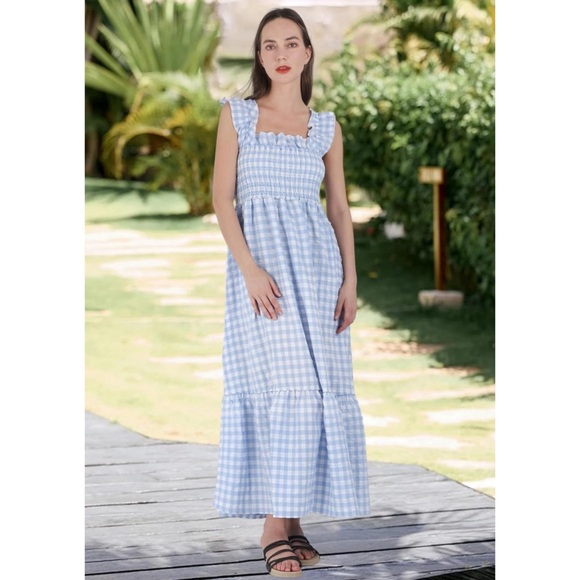 Gingham Print Plaid Smocked Spaghetti Straps Flouncy Long Dress in Blue - Picture 4 of 6